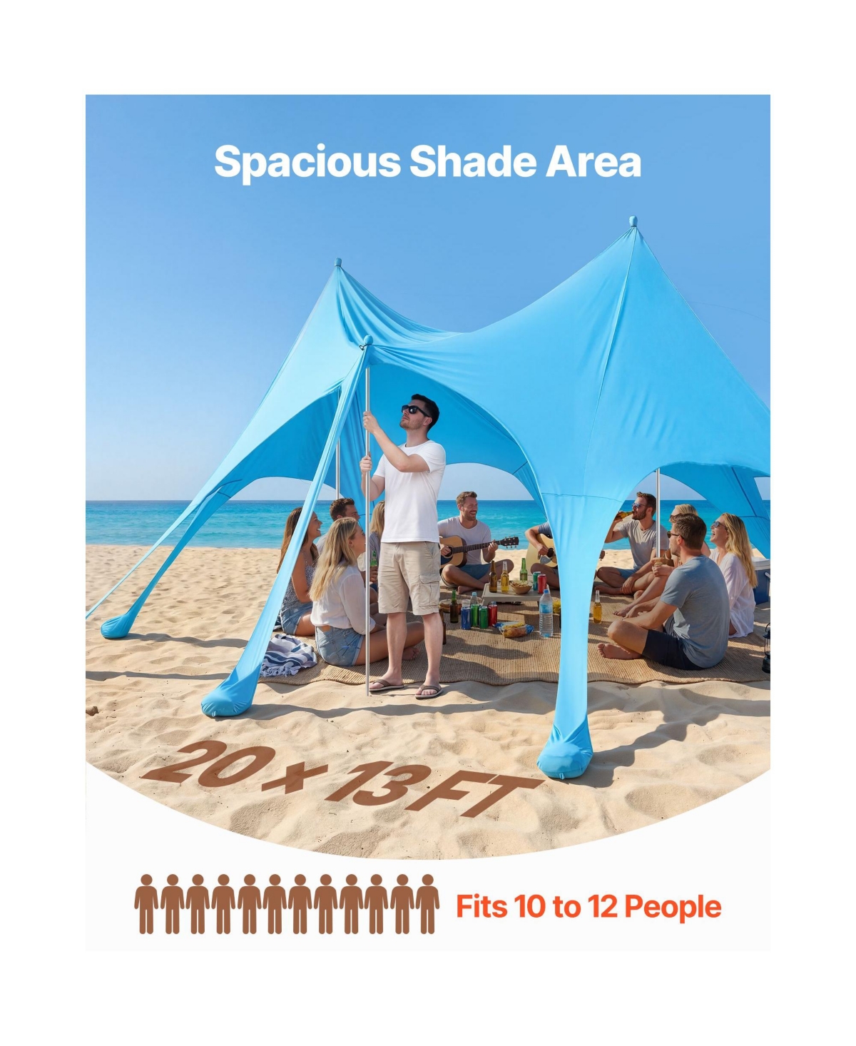 Mountaintop Beach Tent Sun Shelter, UPF50+ Pop-Up Canopy, 9.2ft Tall, 20x13ft, Sandbags, Support Poles and Sand Shovels for Family Camping Fishing
