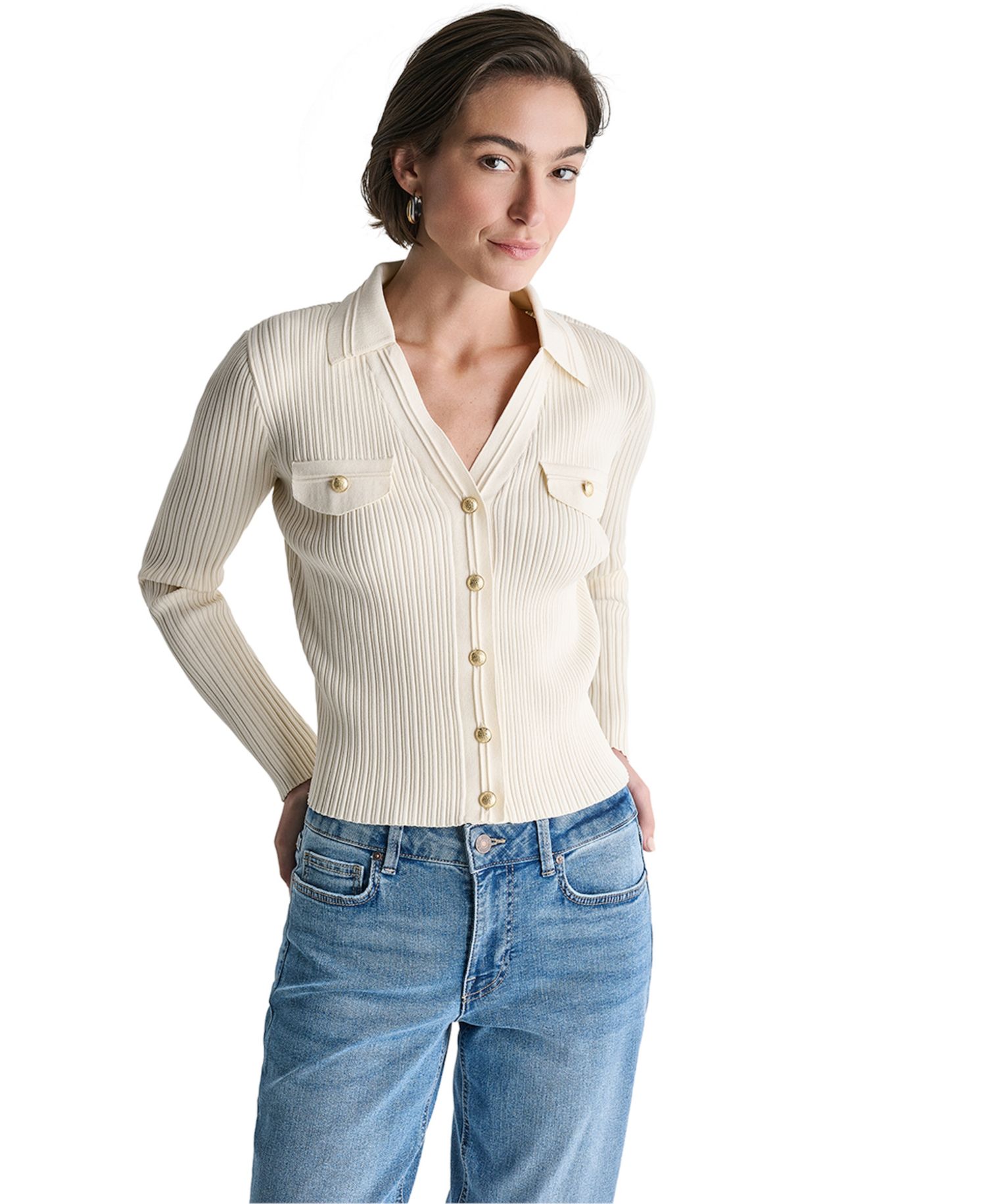 Women's Ribbed Knit Collared V-Neck Cardigan