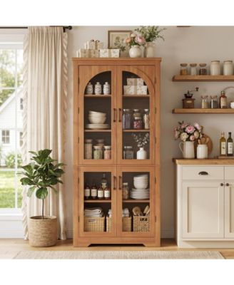 Kitchen Pantry Cabinet Modern Display Cabinet with 4 Arched Glass Doors and Adjustable Shelves