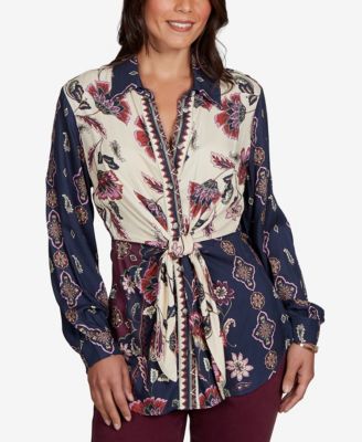 Petite Garden Tie-Front Long-Sleeve Floral-Print Blouse