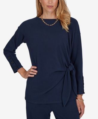 Petite Long-Sleeve Boat-Neck Side-Tie Top