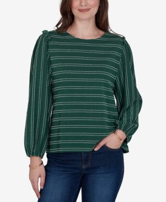 Petite Long-Sleeve Dobby-Stripe Crewneck Blouse