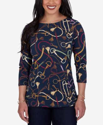Petite Boat Neck 3/4-Sleeve Equestrian Print Blouse