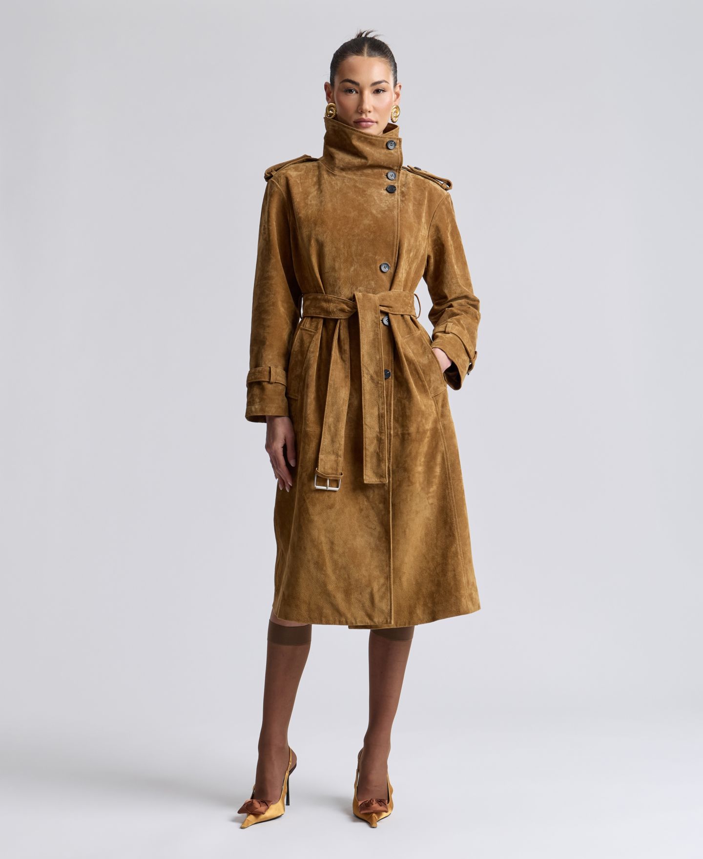 Женское пальто Avec Les Filles Funnel-Neck Suede Oversized Trench, цвет: Виски — фото 2
