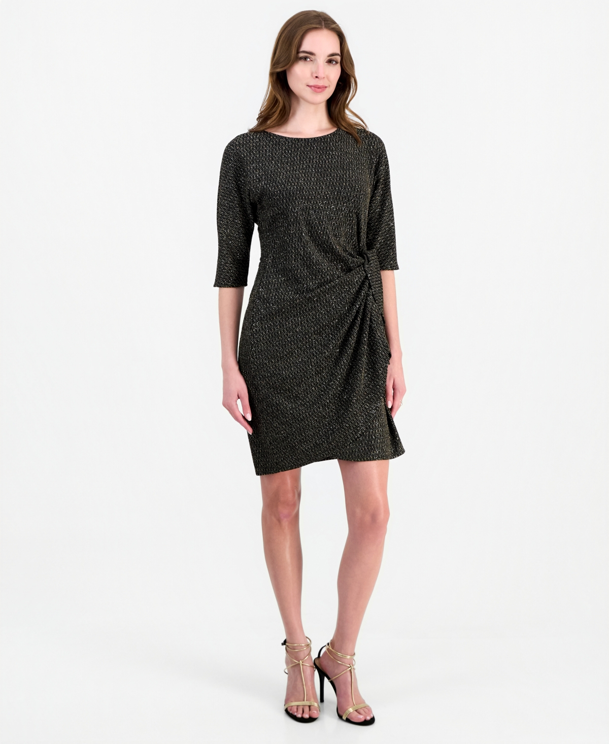 Robbie Bee Women's Three-Quarter Sleeve Ruched Sarong Wrap Dress