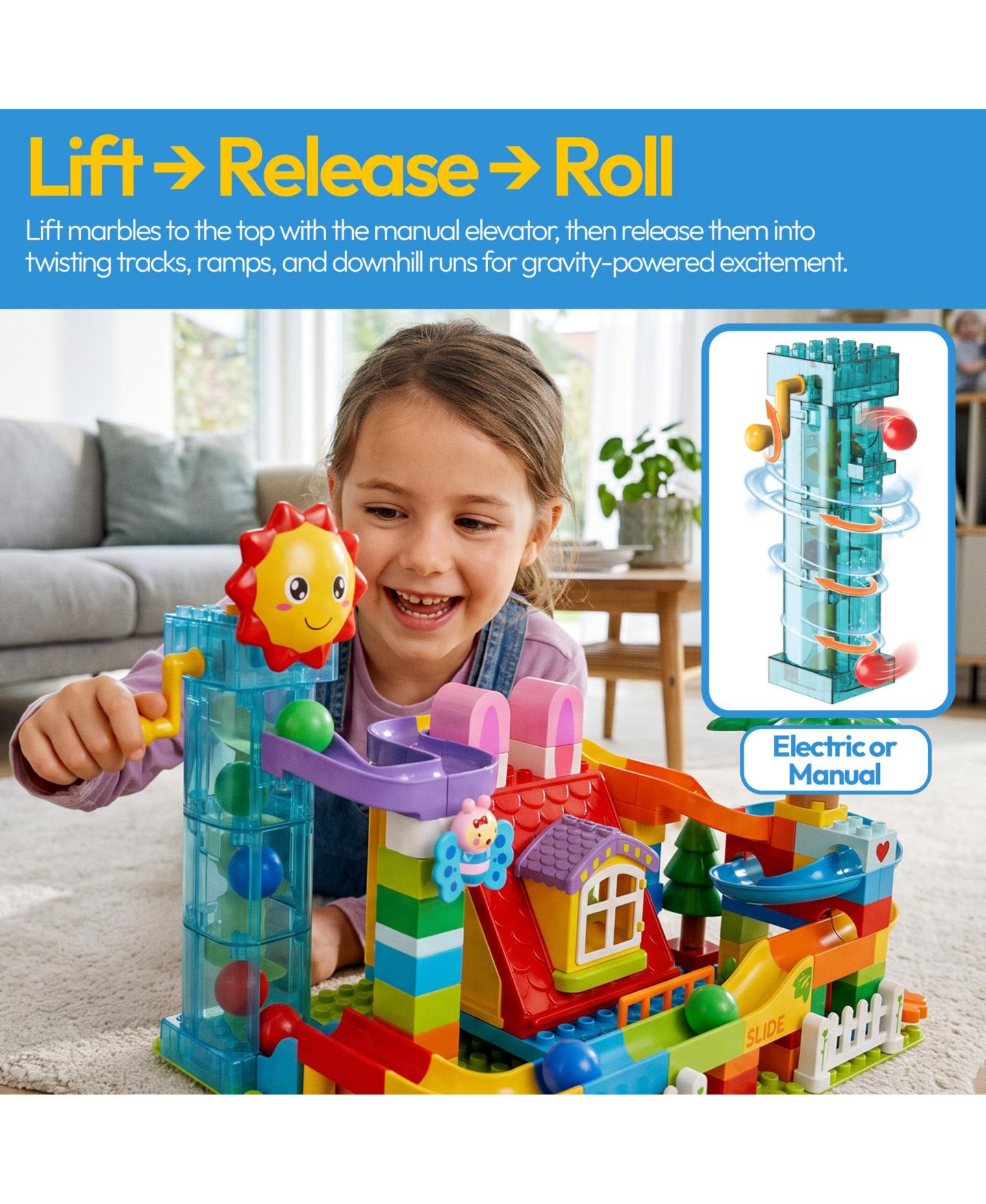 Детский конструктор Contixo MK1 Marble Track Building Set, 118-Piece Stem Toy with Elevator Lift, Rabbit House Scene and Multi-Lane Marble Run, Ages 3+, цвет: Разноцветный — фото 6