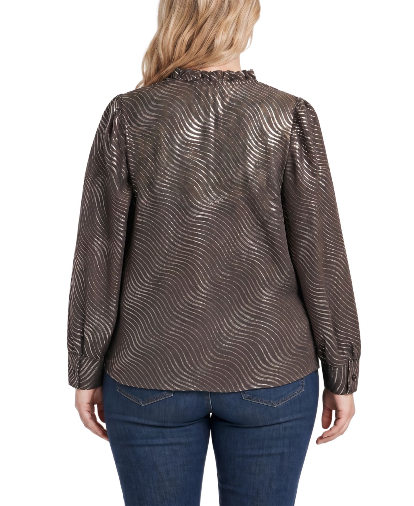 Женская блузка NY Collection Plus Size Metallic-Print V-Neck Long-Sleeve, цвет: Коричневый серебряный — фото 4