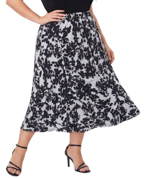 Женская юбка NY Collection Plus Size Midi High-Waisted A-Line, цвет: Чёрный серый с принтом