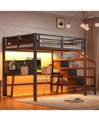 Full Size Metal Loft Bed with Desk, Stairs, USB, LED and Storage Drawers