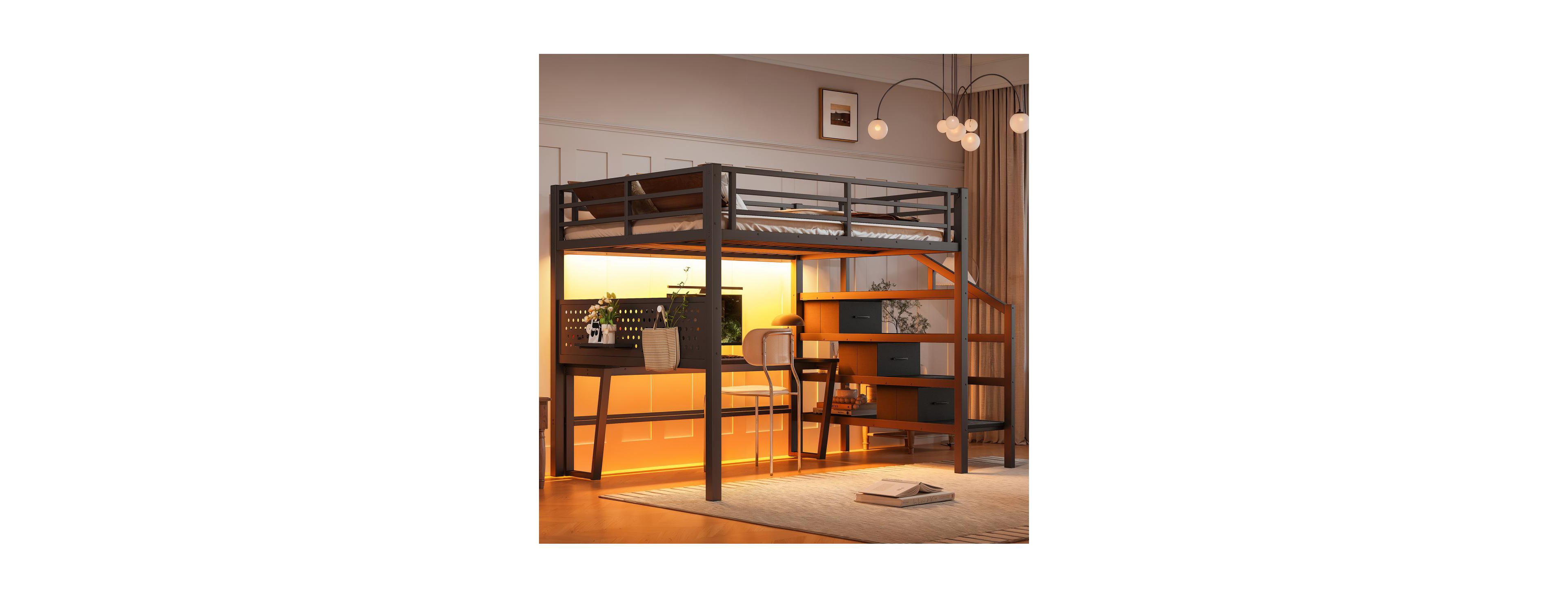 Streamdale Furniture Full Size Metal Loft Bed with Desk, Stairs, Usb, Led and Storage Drawers