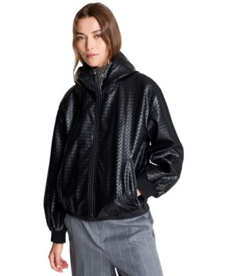 Women's Hooded Faux-Leather Basketweave Bomber Jacket