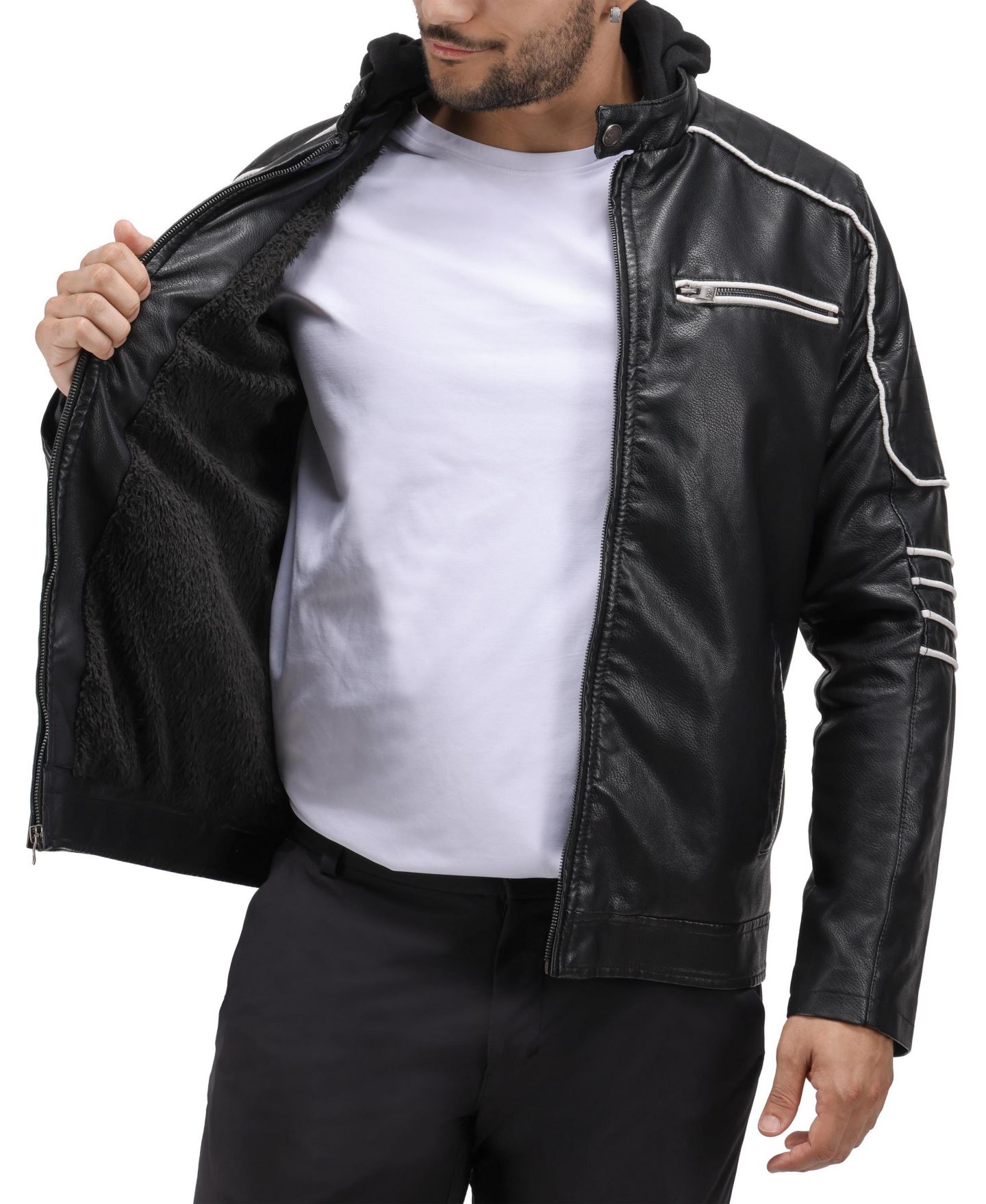 Мужская куртка X-Ray Grainy PU Moto With Hood and Faux Shearling Lining, цвет: Чёрный / Белый — фото 7