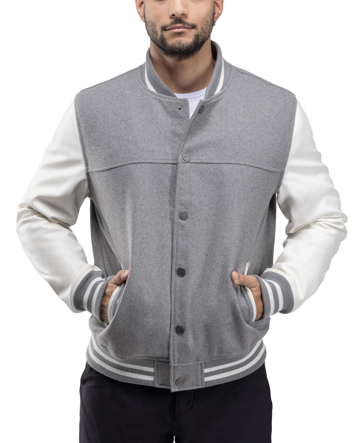 Мужская куртка X-Ray Wool Varsity Bomber With PU Sleeves, цвет: Серый / Белый — фото 8