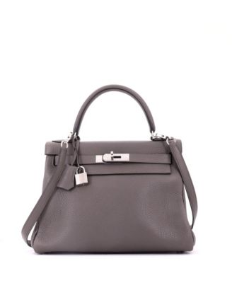 Pre-Owned Hermes Kelly 28 Handbag Grey Clemence with Palladium Hardware