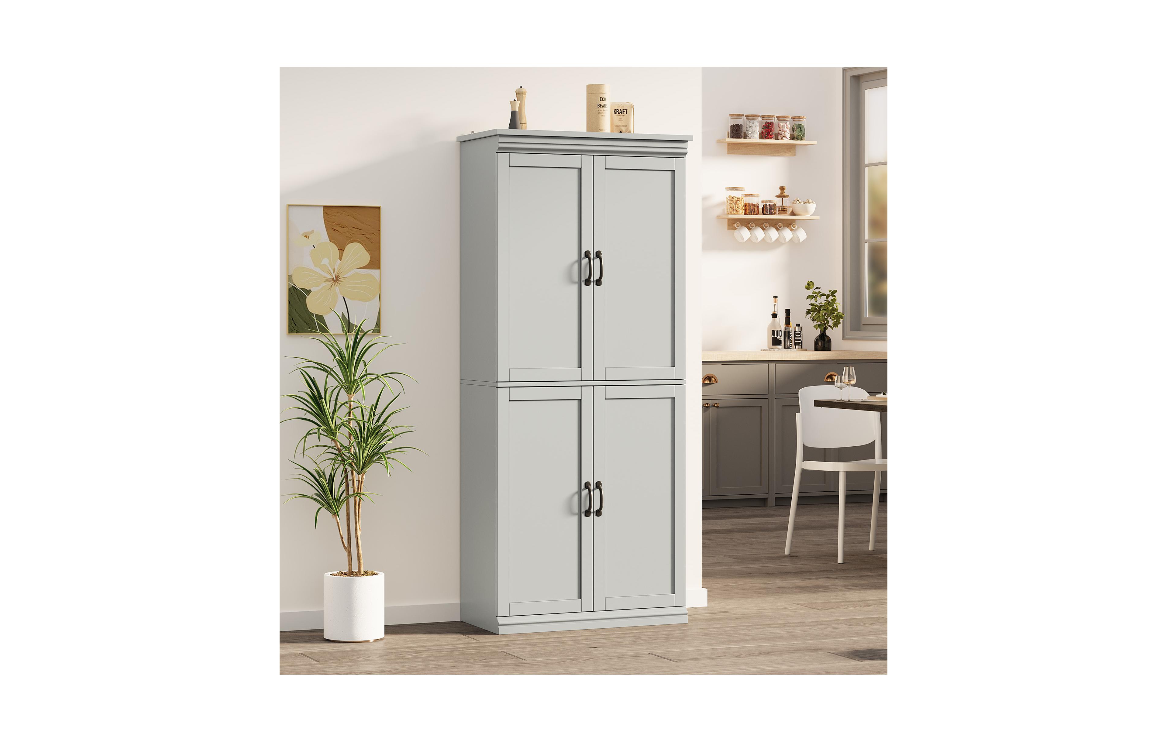 70" Gray Freestanding Pantry Cabinet with Adjustable Shelves and Doors, Tall Kitchen Storage