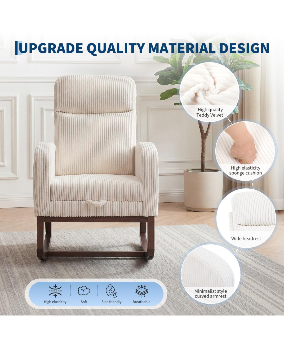 Nursery Glider Rocking Chair with Adjustable High Back, Side Pocket, Stuffed Animal Upholstered Nursing Rocker with Solid Wood Base for LIving Room