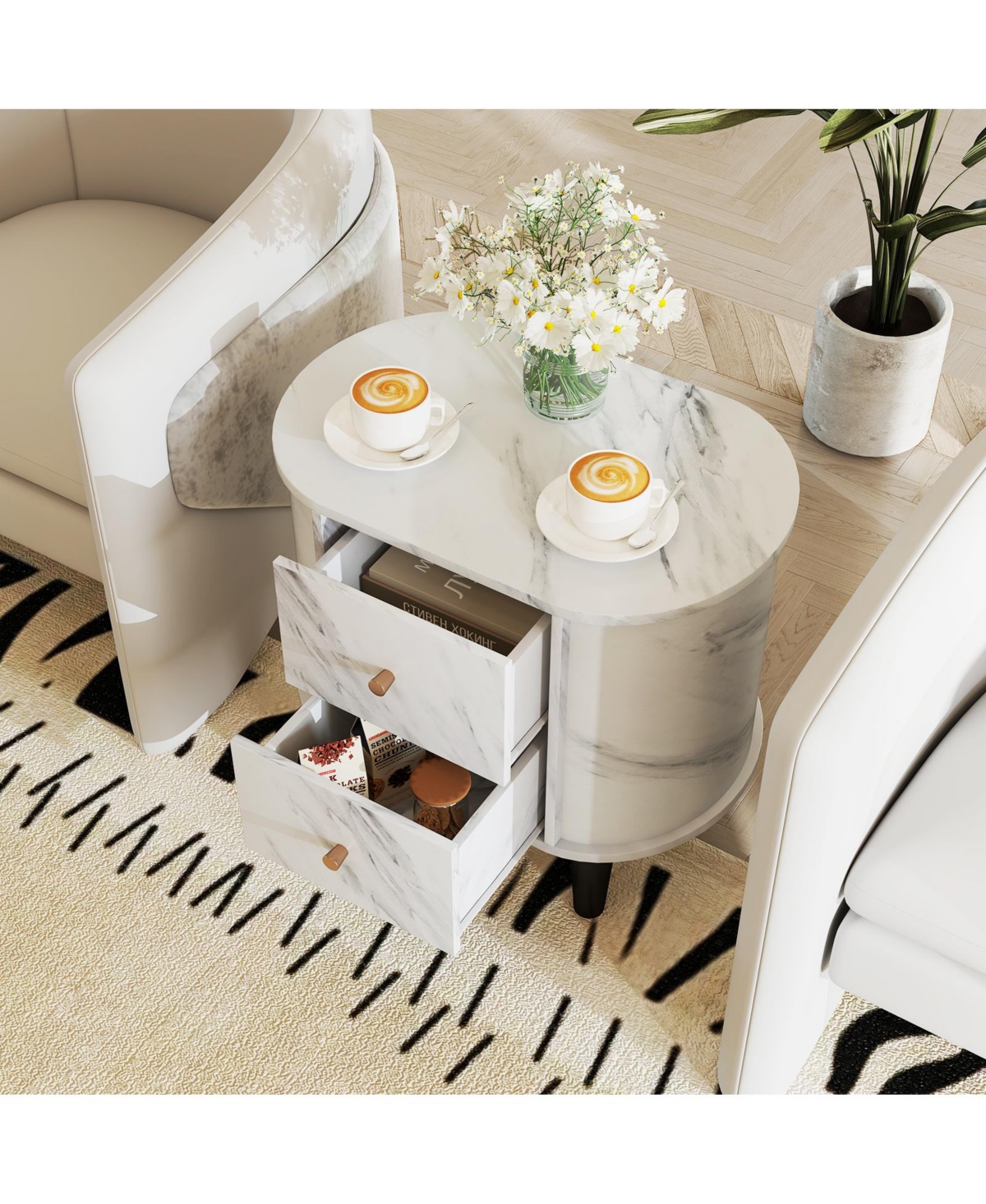 Gymax 2-Pieces Nightstand with 2 Drawers Faux Marble Bedside Table for Small Space