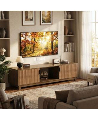 70" Fluted Mid-Century TV Stand for TVs up to 80", Storage and Adjustable Shelves, Brown