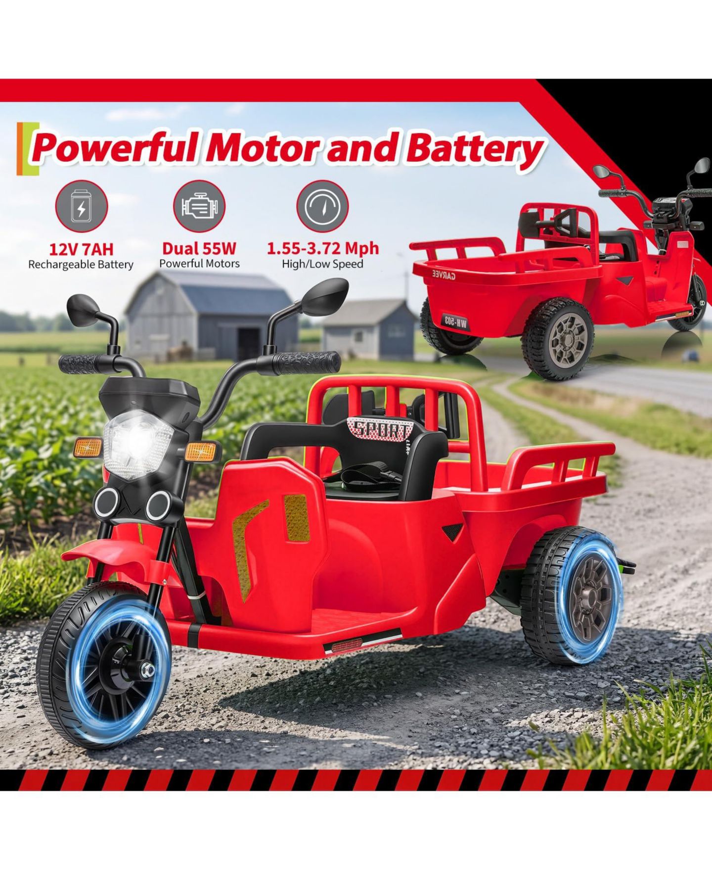 Детская игрушка homfan 12V Kids Electric Motorcycle 3-Wheel Ride-On Tractor with Trailer, 2x55W Motor, Bluetooth Music, Ages 3-8 — фото 6