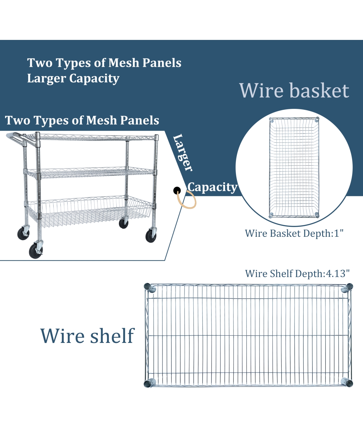 Streamdale Furniture 3-Tier Heavy Duty Rolling Utility Cart with Handle and Shelf Liners