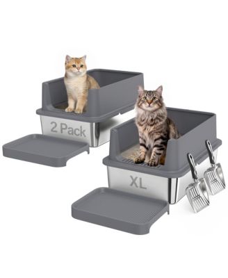 2 Pack XL Stainless Steel Litter Box with Tracking Step and Scoops