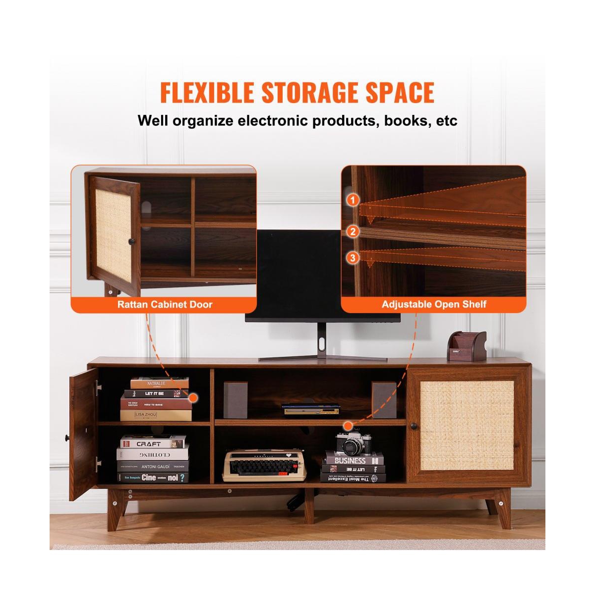 Slickblue Tv Stand with Rattan Door and Storage Shelves, Modern Media Console for Living Room