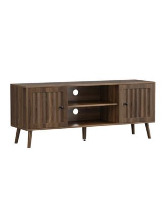 Mid-Century Modern TV Stand Cabinet with Adjustable Shelves and Solid Wood