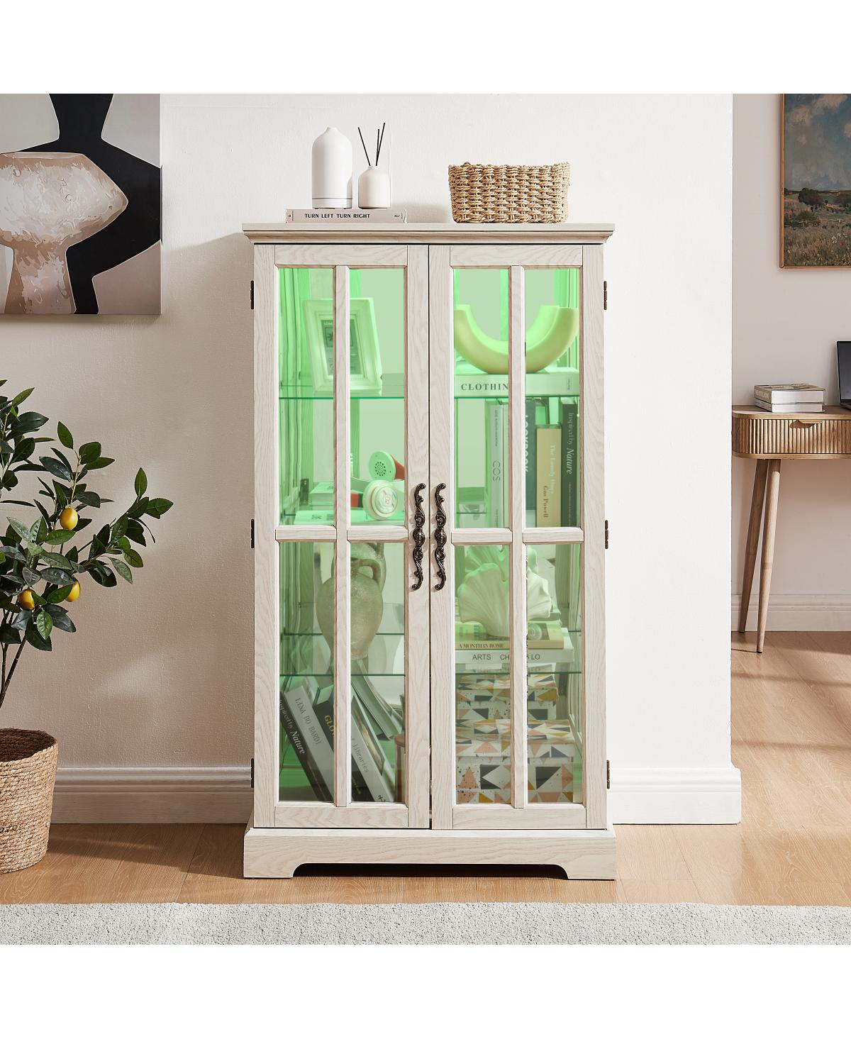 Streamdale Furniture Streamdale White Double Glass Door Tall Cabinet with Rgb Lights and 3 Shelves