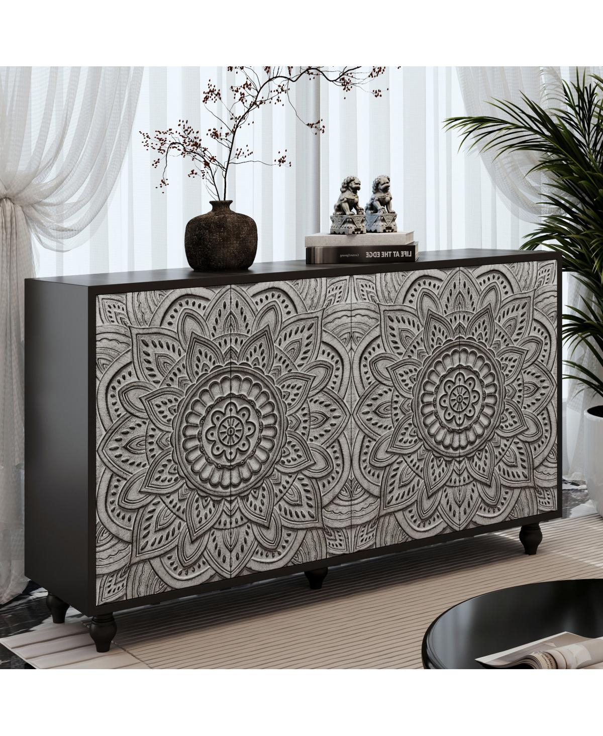 Streamdale Furniture 60" Boho Mandala 3D Embossed 4-Door Sideboard Credenza