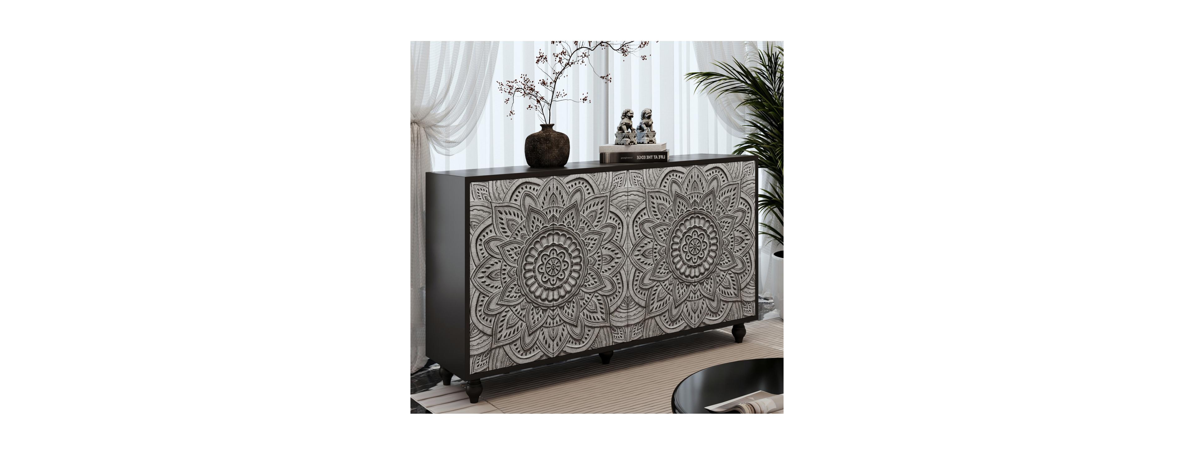 Streamdale Furniture 60" Boho Mandala 3D Embossed 4-Door Sideboard Credenza