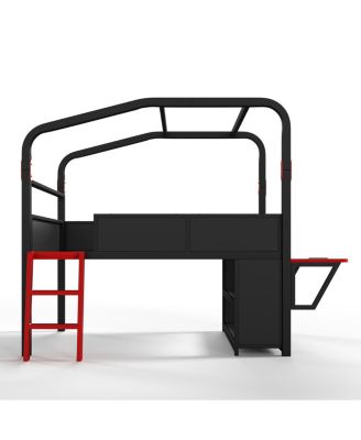 Full Size Metal Low Loft Bed with Desk, LED Lights, and Storage Cabinets