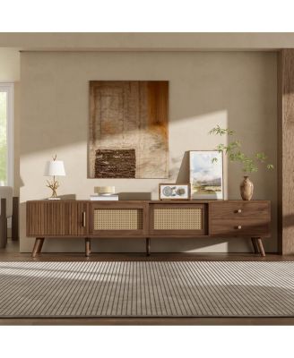 76" Rattan Doors TV Stand for TVs up to 85", Wood-Grain Entertainment Center