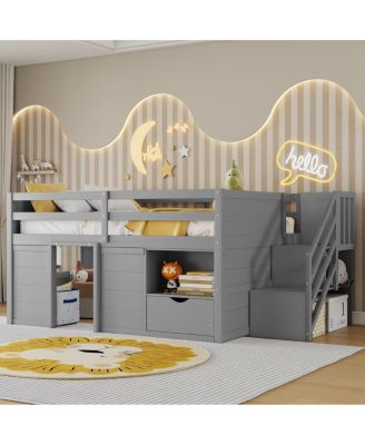  Full Size Wood Low Loft Bed with Stairs, Storage and LED Lights