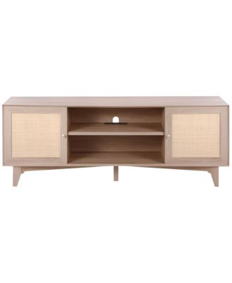 Modern Rattan TV Console with Built-In Power Socket, Storage Shelves for Bedroom and Media Room