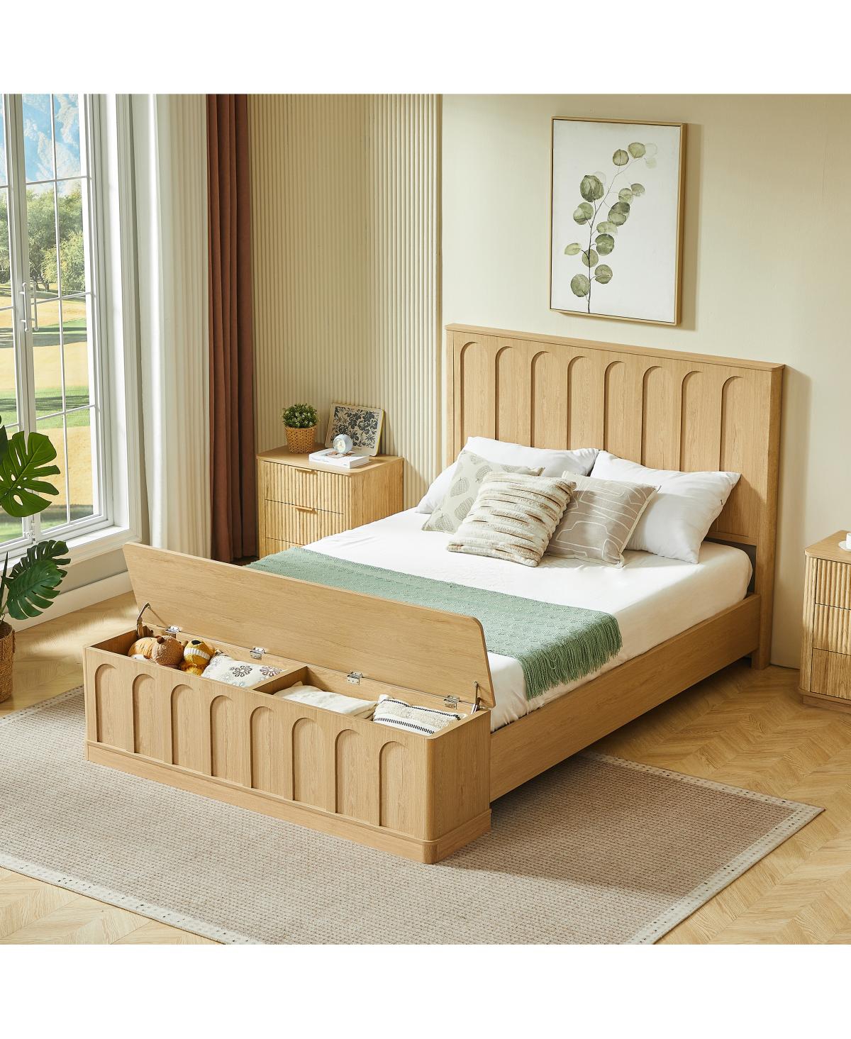 Streamdale Furniture Queen Hydraulic Storage Bed Frame, Wood Platform with Footboard Bench