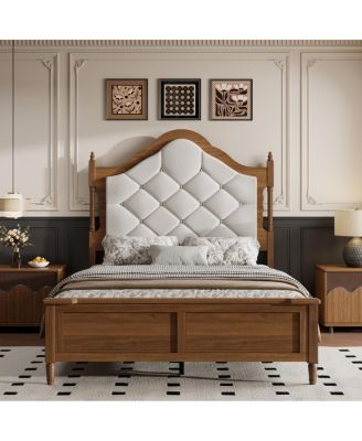 Full Size Vintage Wood Bed Frame with Upholstered Headboard