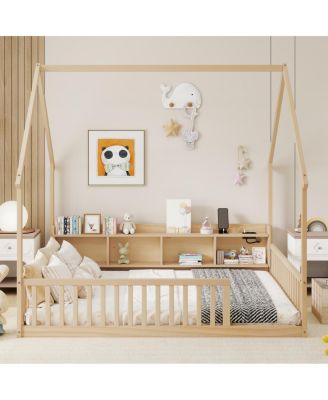 Full House Floor Bed with Storage, LED, Charging Station and Guardrails