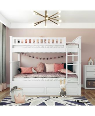 Full Over Full Bunk Bed with Twin Size Trundle,Pine Wood Bunk Bed with Guardrails