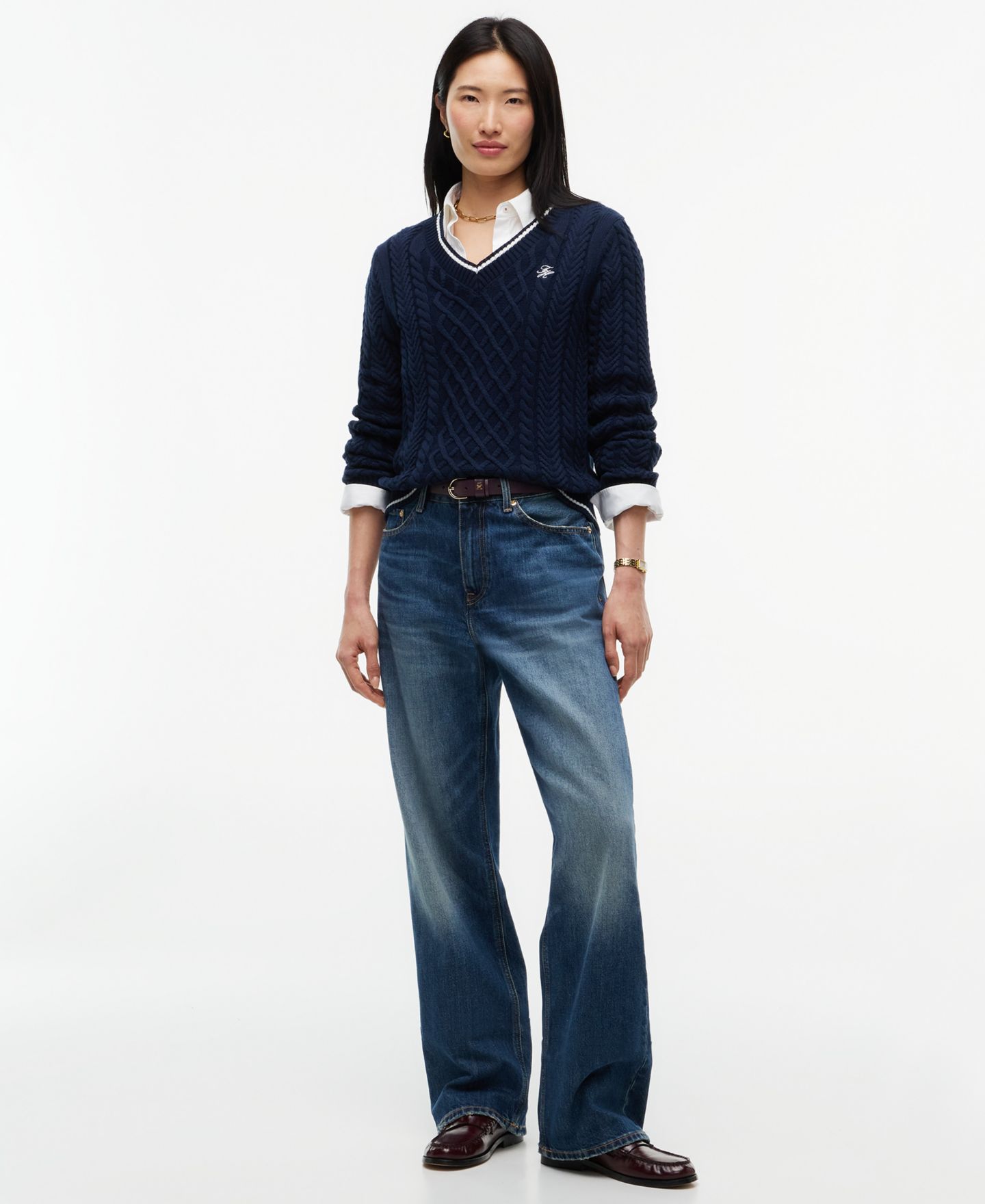 Женский свитер Tommy Hilfiger Cable-Knit V-Neck, цвет: Тёмный синий — фото 2