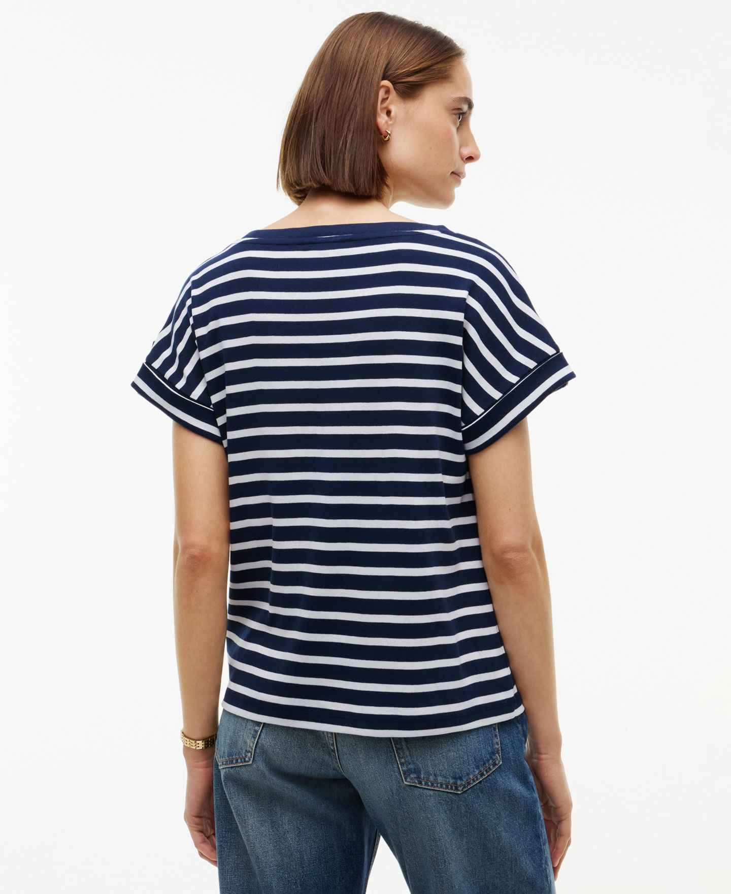 Женская футболка Tommy Hilfiger Breton-Stripe Boat-Neck Gold-Tone Button, цвет: Тёмный синий экрю — фото 4