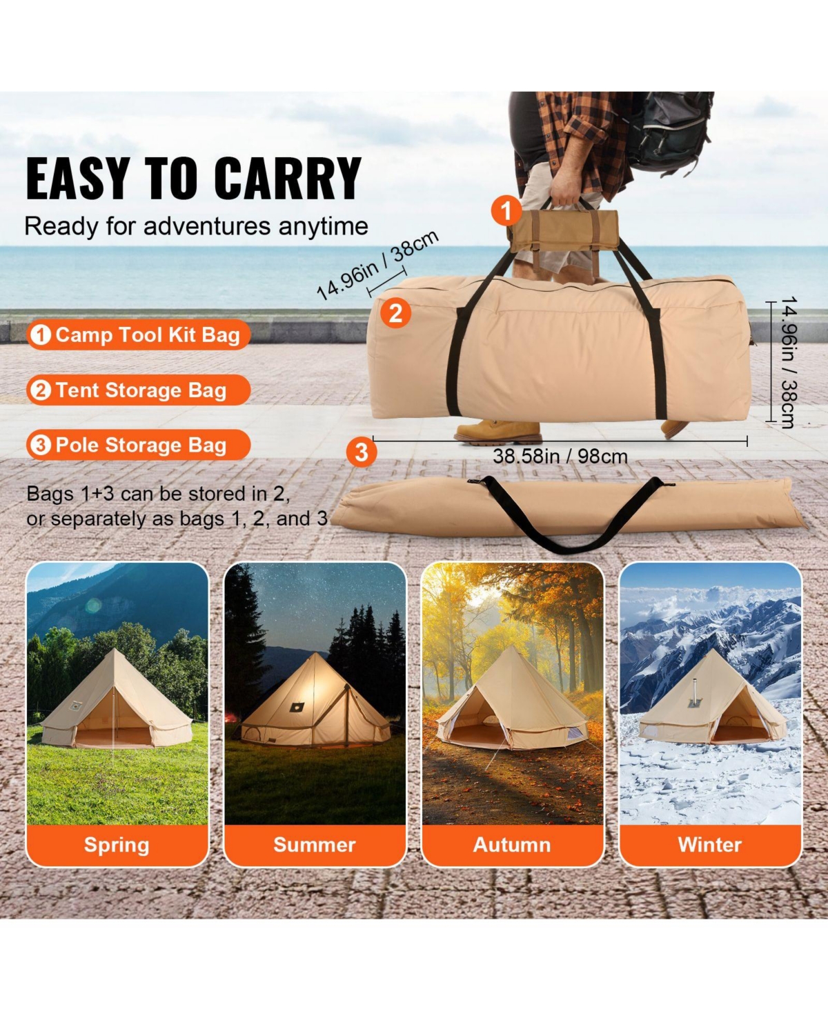 MOUNTAINTOPCanvas Bell Tent, 6m/19.68feet 4-Season Yurt Tent, Stove Jack, Breathable Fabric, Holds Up To 10 People for Camping and Hunting