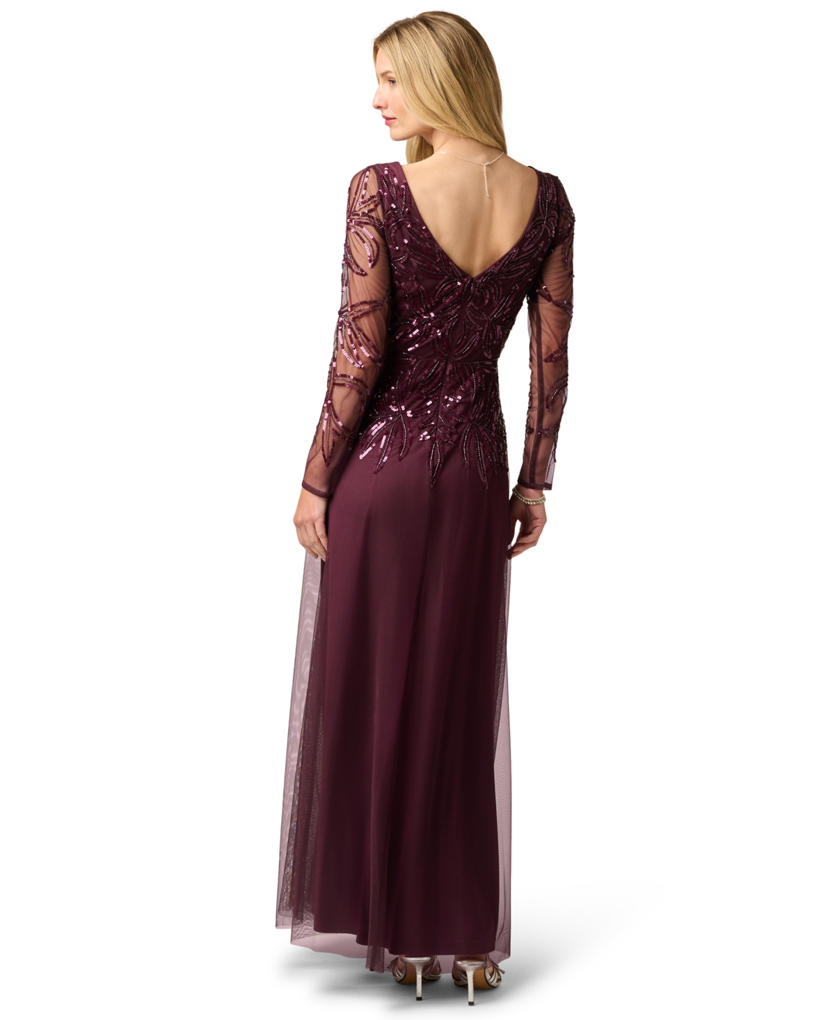 Adrianna Papell Petite Long-Sleeve Sequined V-Neck Gown