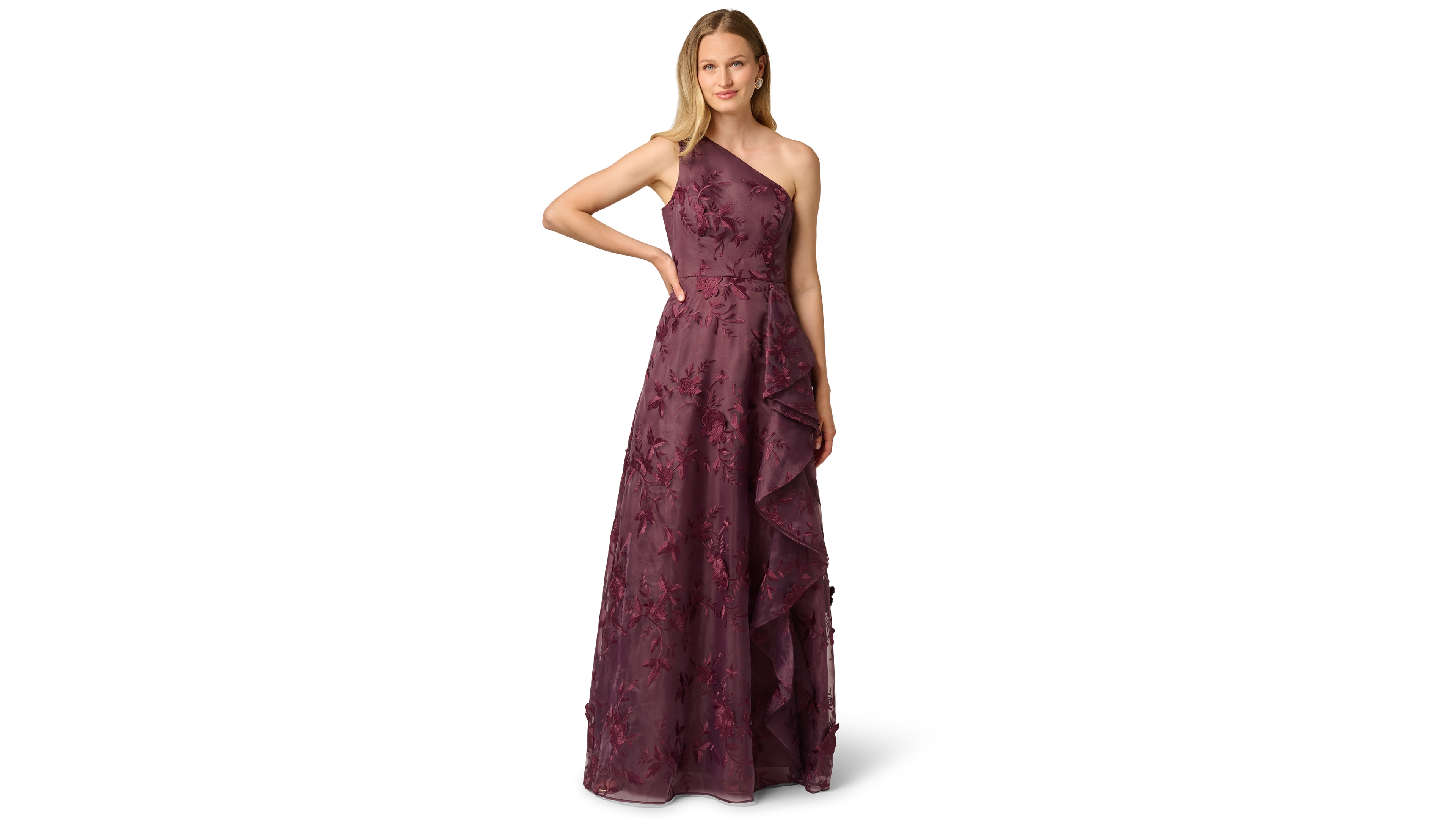 Adrianna Papell Women's Petite One-Shoulder Floral-Embroidered Ruffle Gown