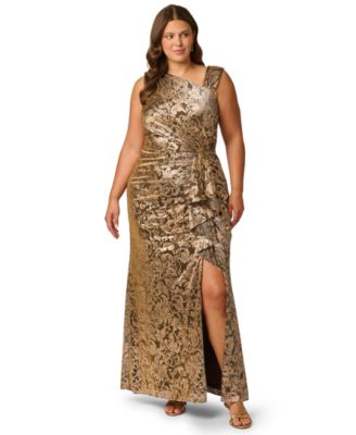 Plus Size Metallic-Crinkle Asymmetrical Floral Gown