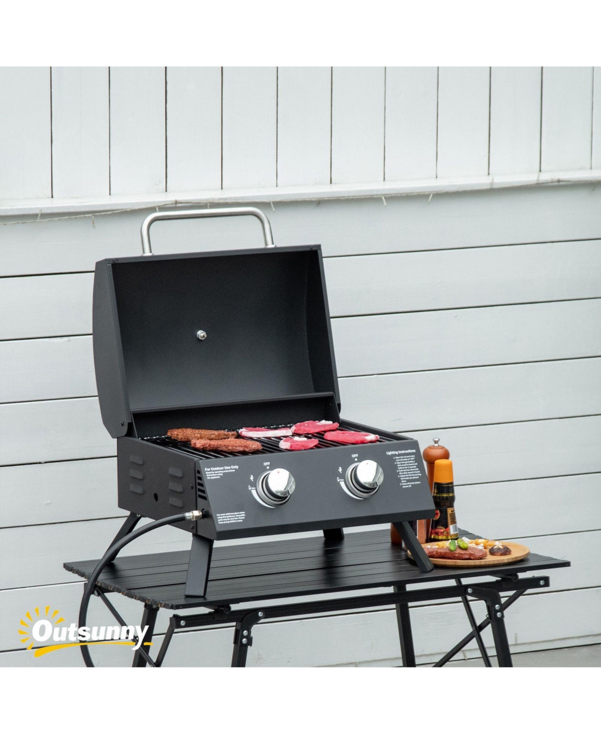 Mountaintop 2 Burner Propane Gas Grill Portable Tabletop Bbq with Foldable Legs Lid Thermometer for Camping