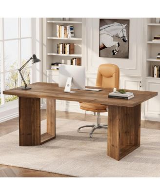 Solid Wood Executive Desk: 63" farmhouse computer desk with large tabletop and wood legs.Workstation for home office,bedroom.