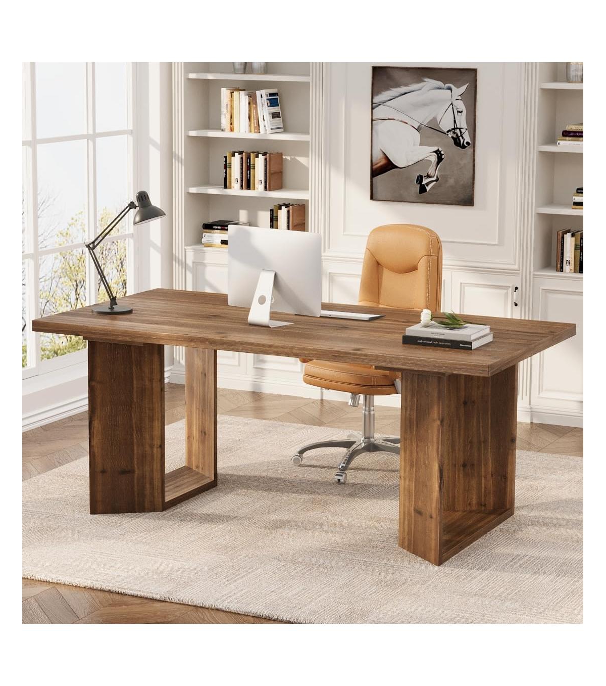 Tribesigns Solid Wood Executive Desk: 63" farmhouse computer desk with large tabletop and wood legs.Workstation for home office,bedroom.
