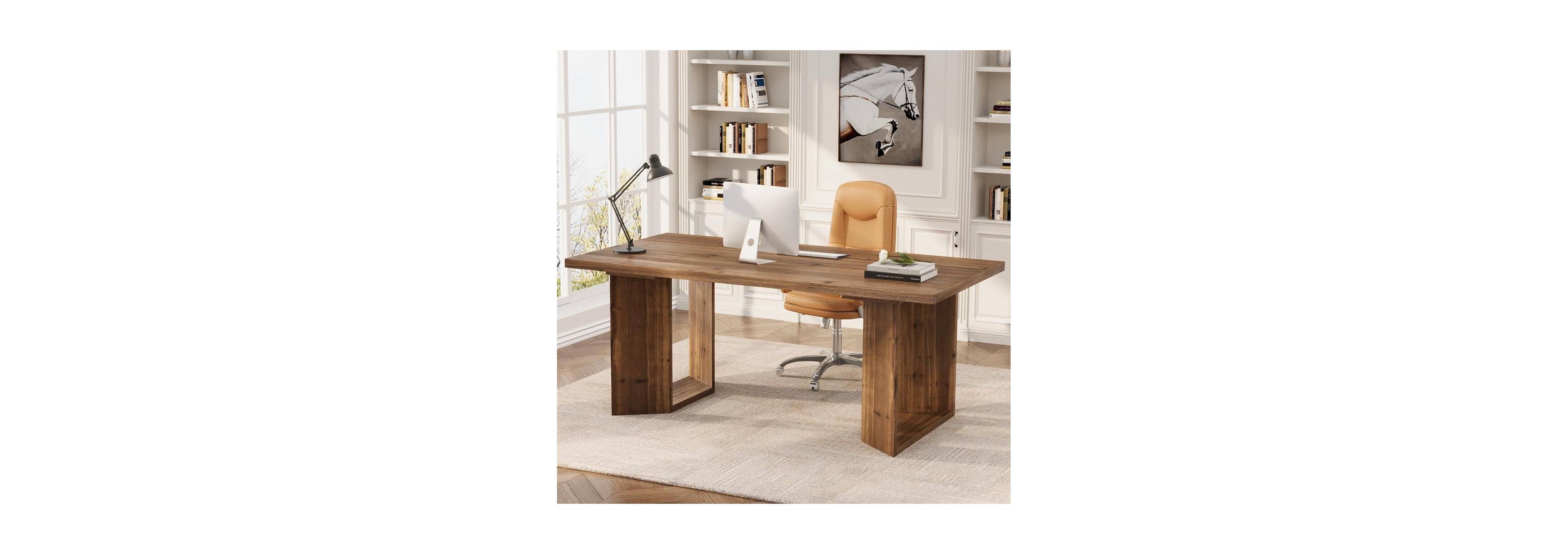 Tribesigns Solid Wood Executive Desk: 63" farmhouse computer desk with large tabletop and wood legs.Workstation for home office,bedroom.