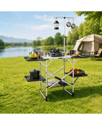 Foldaway Outdoor Cooking Table with Lamp Holder, 4 Side Trays, Mesh Storage Shelf, Cross Brace Support 154lbs for Camping RV Picnic