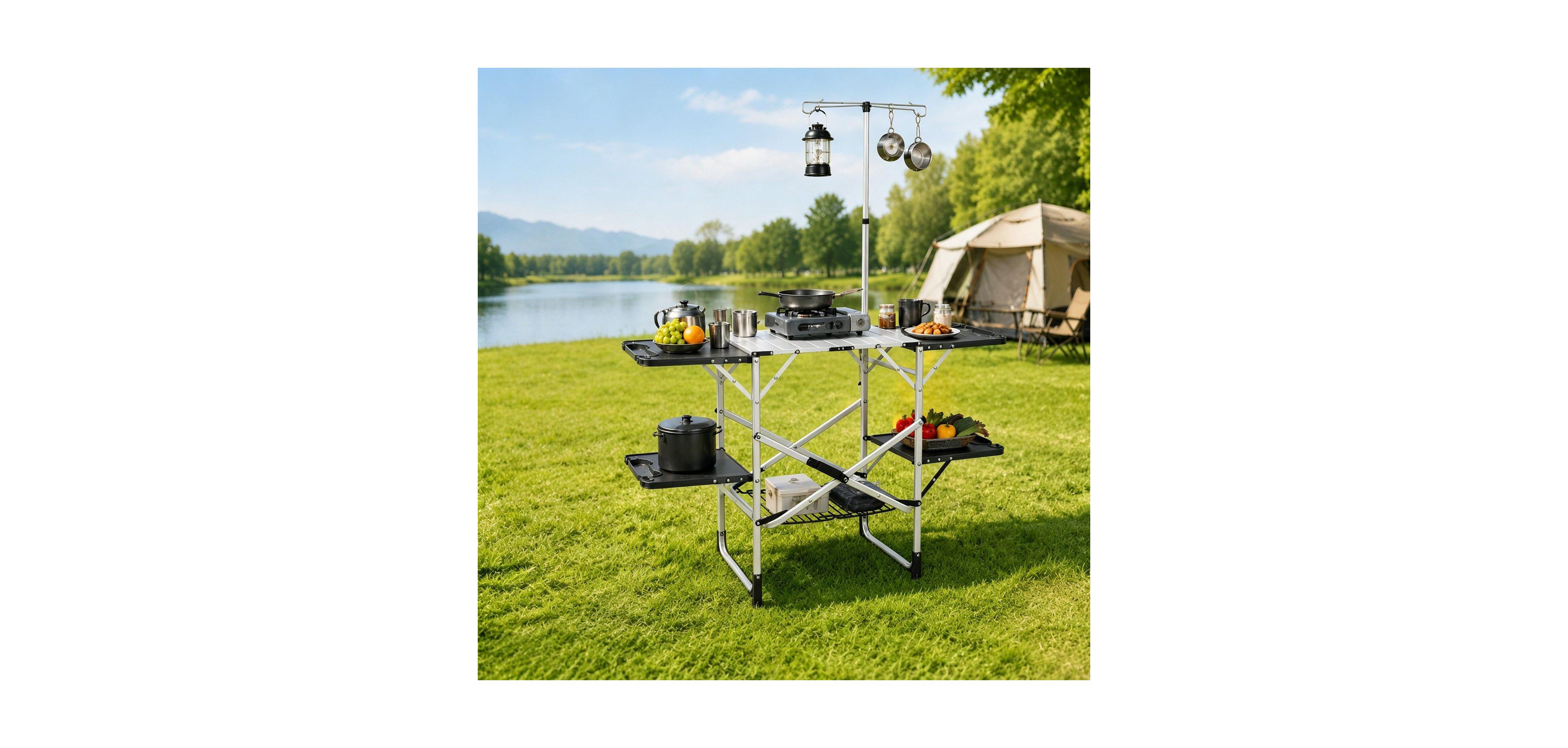 Mountaintop Foldaway Outdoor Cooking Table with Lamp Holder, 4 Side Trays, Mesh Storage Shelf
